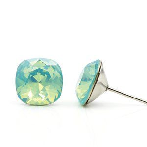 10mm Green Opal Swarovski Studs | Cushion Cut Crystal Earrings | Hypoallergenic